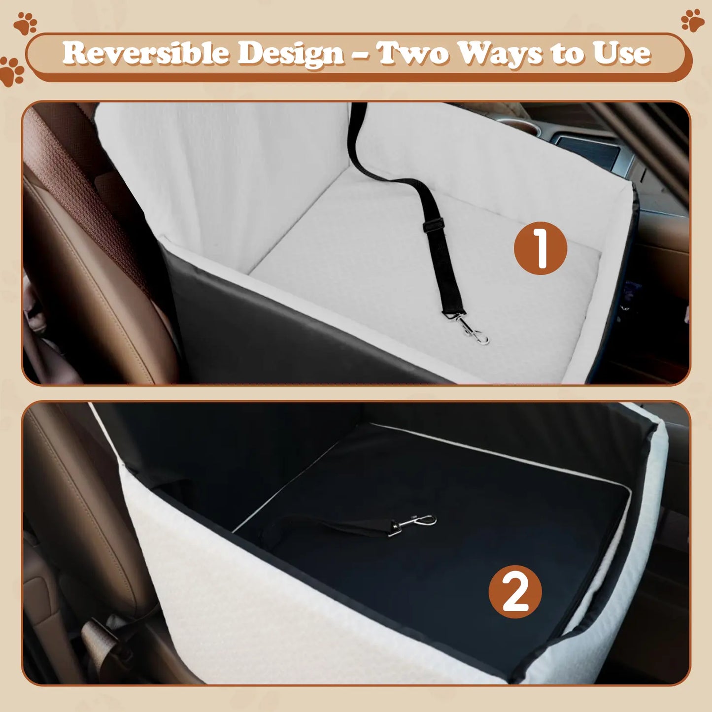 Dog Car Seat for Small Dogs & Cats, All-Season Reversible Design, Enclosed Pet Car Seat with Seat Belt Straps, Non-Slip Waterproof Travel Bed for Car & Outdoor Use