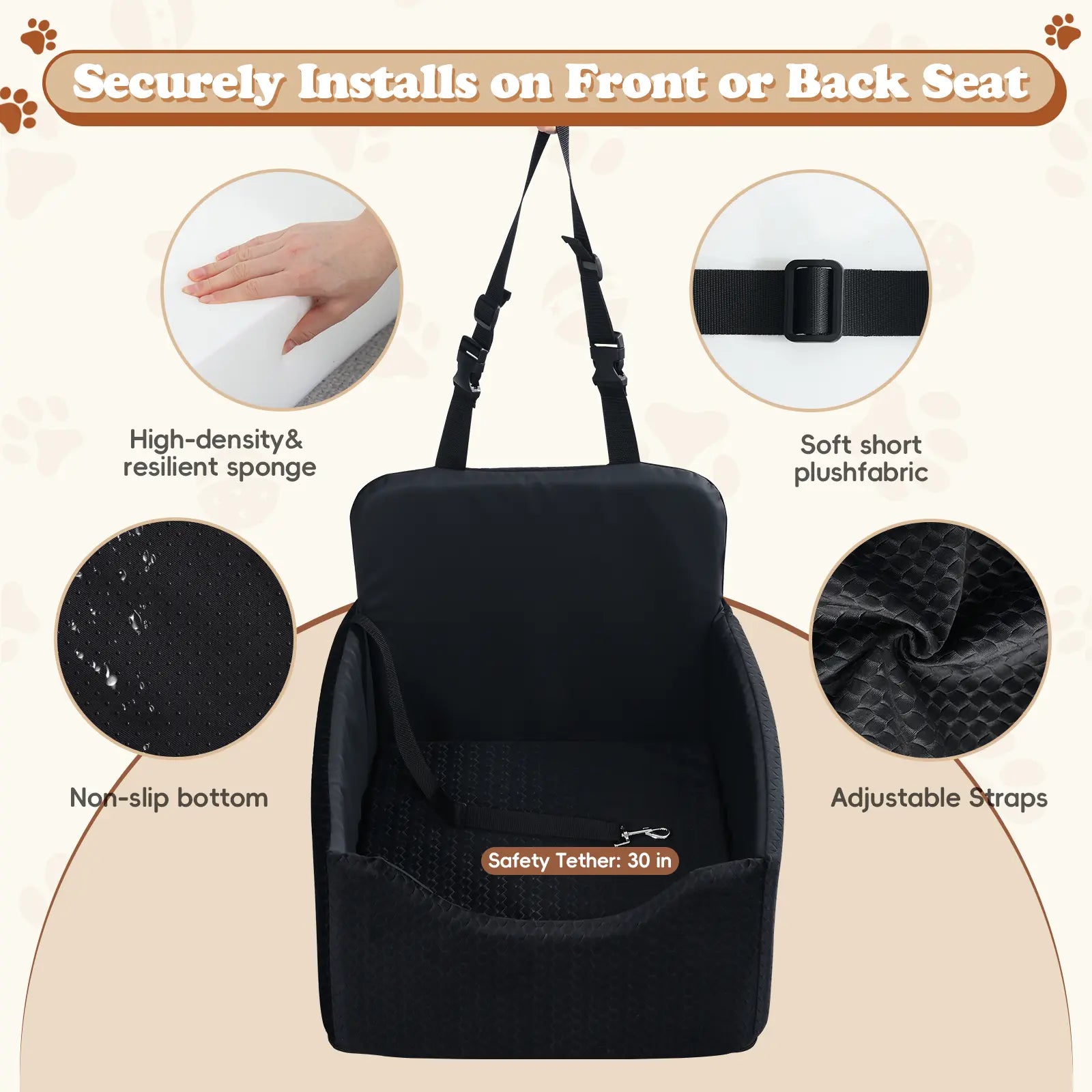 Dog Car Seat for Small Dogs & Cats, All-Season Reversible Design, Enclosed Pet Car Seat with Seat Belt Straps, Non-Slip Waterproof Travel Bed for Car & Outdoor Use