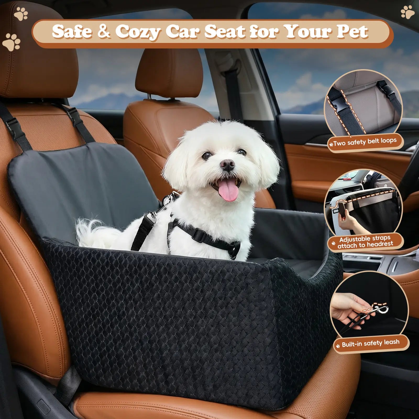Dog Car Seat for Small Dogs & Cats, All-Season Reversible Design, Enclosed Pet Car Seat with Seat Belt Straps, Non-Slip Waterproof Travel Bed for Car & Outdoor Use