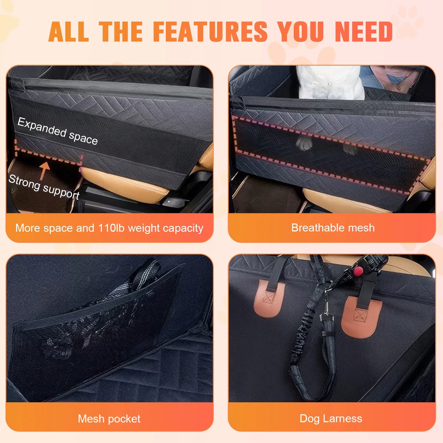 Dog Car Seat Hard Bottom Back Seat Extender with Removable Blanket Non-Slip Dog Car Hammock Turn into Soft Pet Travel Bed