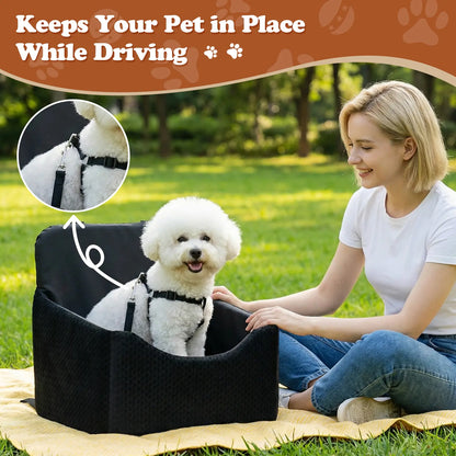 Dog Car Seat for Small Dogs & Cats, All-Season Reversible Design, Enclosed Pet Car Seat with Seat Belt Straps, Non-Slip Waterproof Travel Bed for Car & Outdoor Use