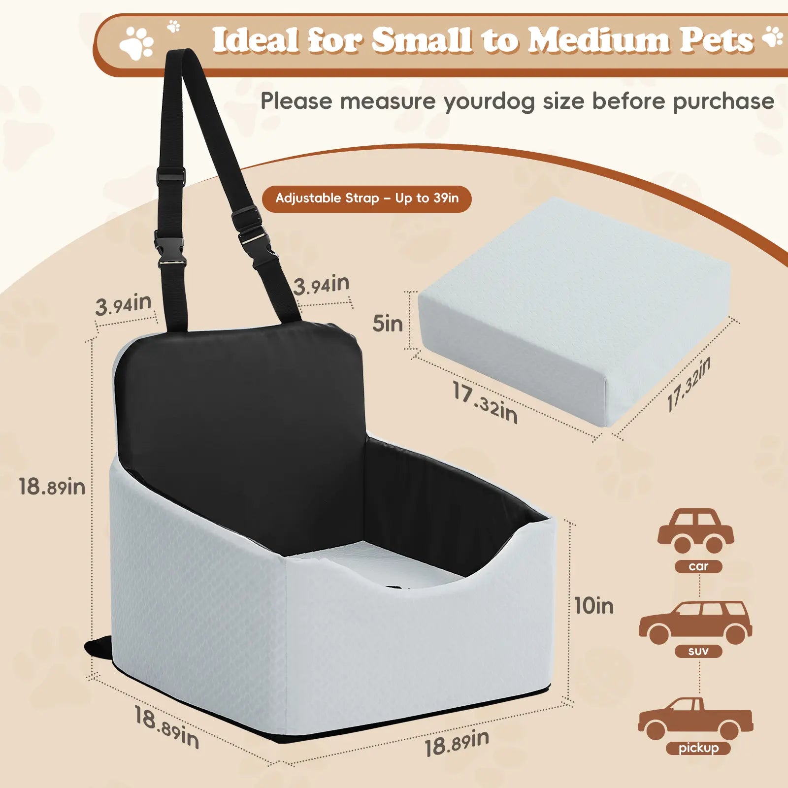 Dog Car Seat for Small Dogs & Cats, All-Season Reversible Design, Enclosed Pet Car Seat with Seat Belt Straps, Non-Slip Waterproof Travel Bed for Car & Outdoor Use