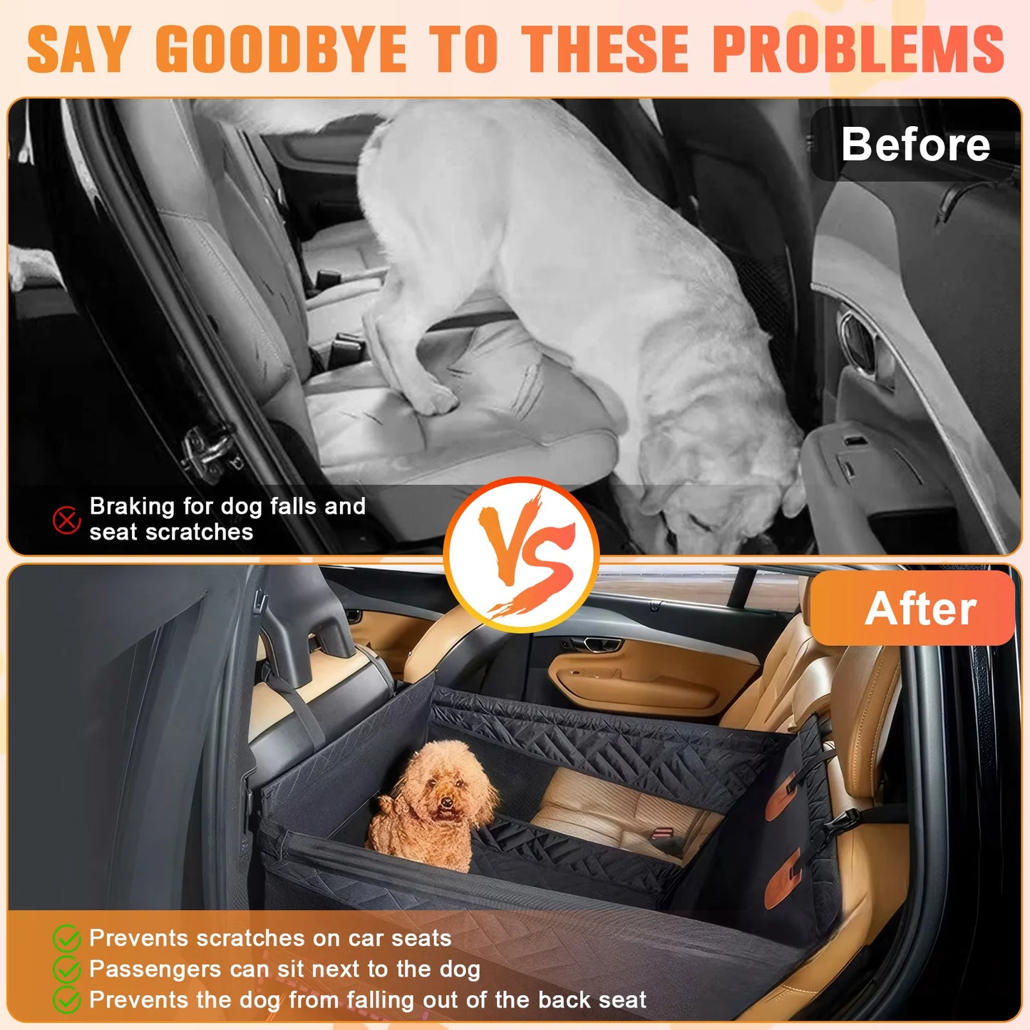 Dog Car Seat Hard Bottom Back Seat Extender with Removable Blanket Non-Slip Dog Car Hammock Turn into Soft Pet Travel Bed